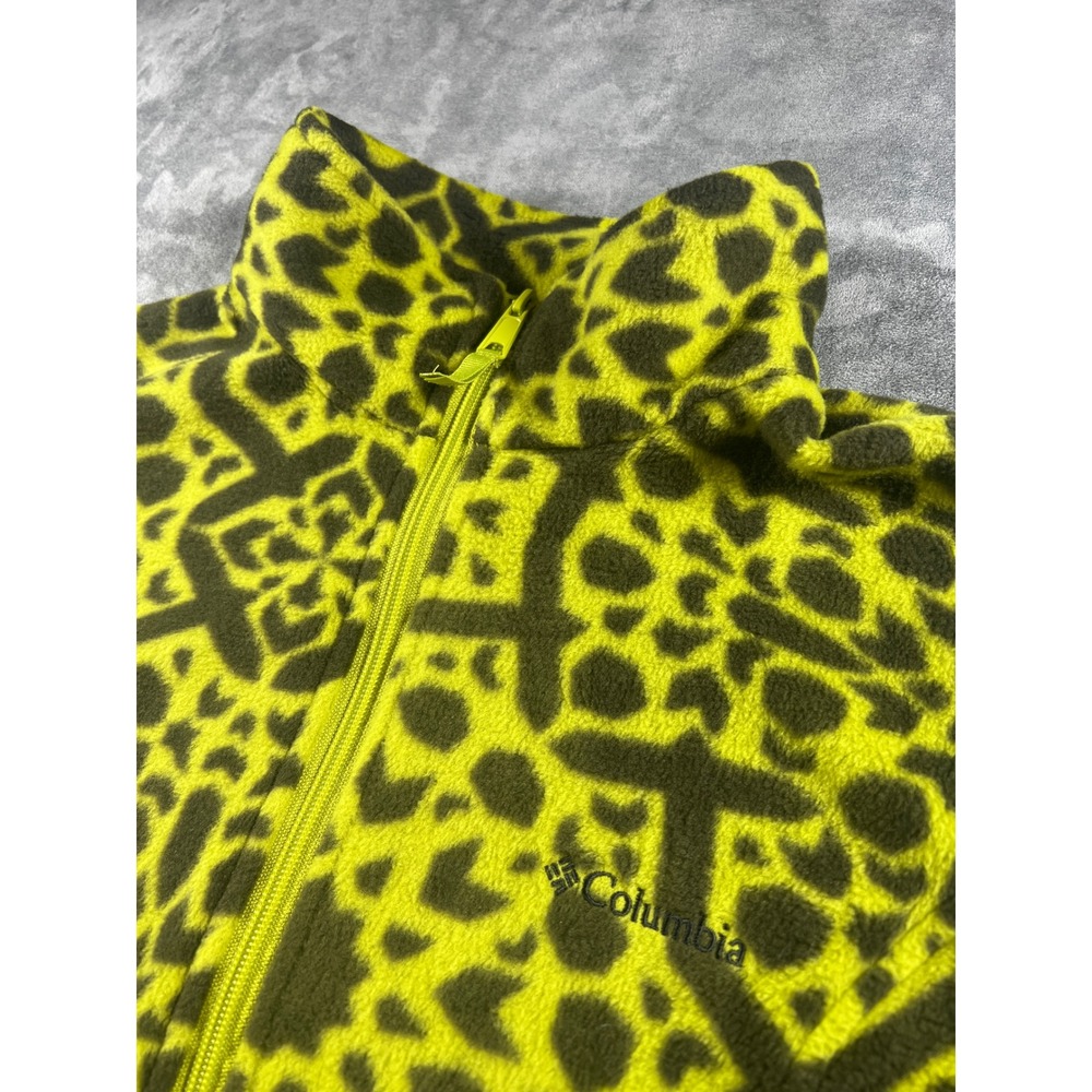 Columbia Vibrant Fleece Vest Neon Yellow Black Geometric Full Zip Mock Neck L